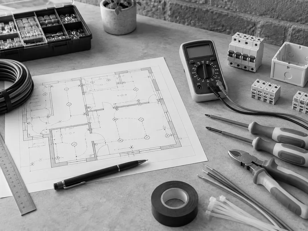 Plan électrique et outils isolés disposés sur un établi propre